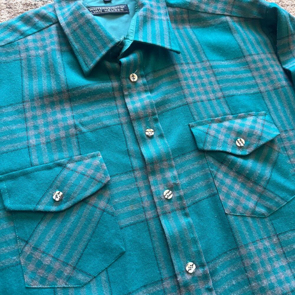 Men's Vintage 80's Winterweights Teal Blue Gray Flannel Long Sleeve Shirt Sz XL - Picture 2 of 8